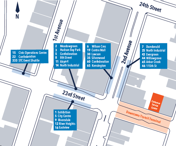 map showing locations of temporary bus stops in the downtown bus terminal.